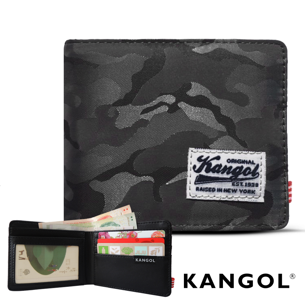 KANGOL 韓式潮流 多夾層橫式短皮夾+鑰匙圈禮盒-迷彩灰