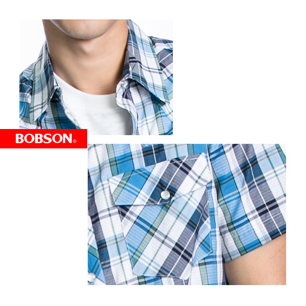 BOBSON 男款格紋短袖襯衫(淺藍23003-53)