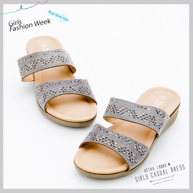 River&Moon大尺碼-超Q軟亮鑽二字帶厚底涼拖鞋-灰