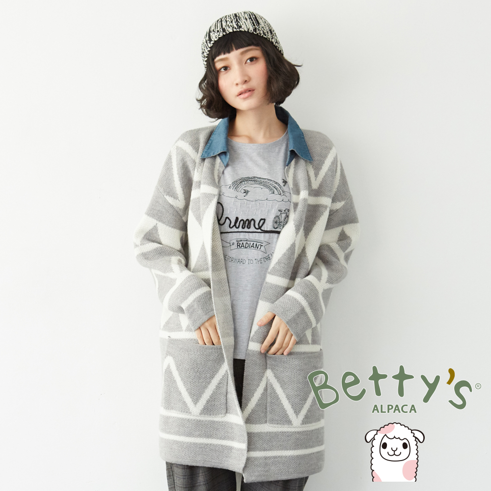 betty’s貝蒂思　牛仔領幾何圖紋長版開襟毛料大衣(淺灰)