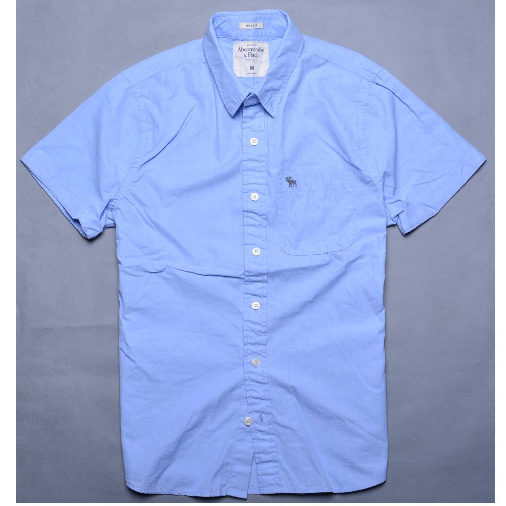 A&F Abercrombie & Fitch 經典迷鹿刺繡 短袖襯衫-水藍色