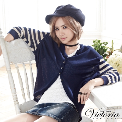 Victoria 條紋線衫外套-女-深藍