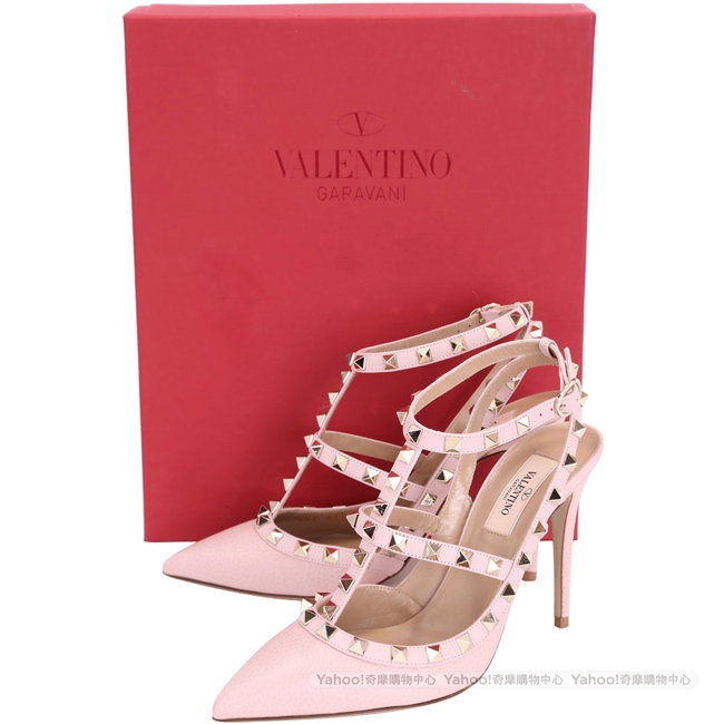 VALENTINO ROCKSTUD 小牛皮壓紋鉚釘繫帶高跟鞋(粉色)