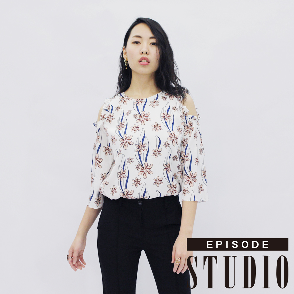 EPISODE Studio - 露肩印花設計上衣（白）