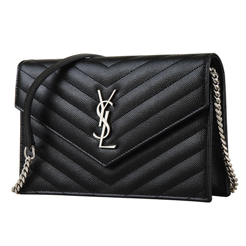 YSL 銀字LOGO牛皮荔枝紋釦式掀蓋鏈帶設計手拿/斜背包(黑)