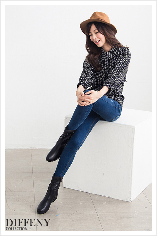 DN 街頭率性 牛皮菱紋縫線鉚釘內增高短靴-黑