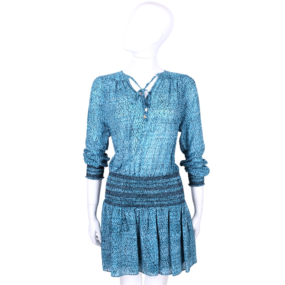 Michael Kors 藍色印花領綁帶設計長袖洋裝