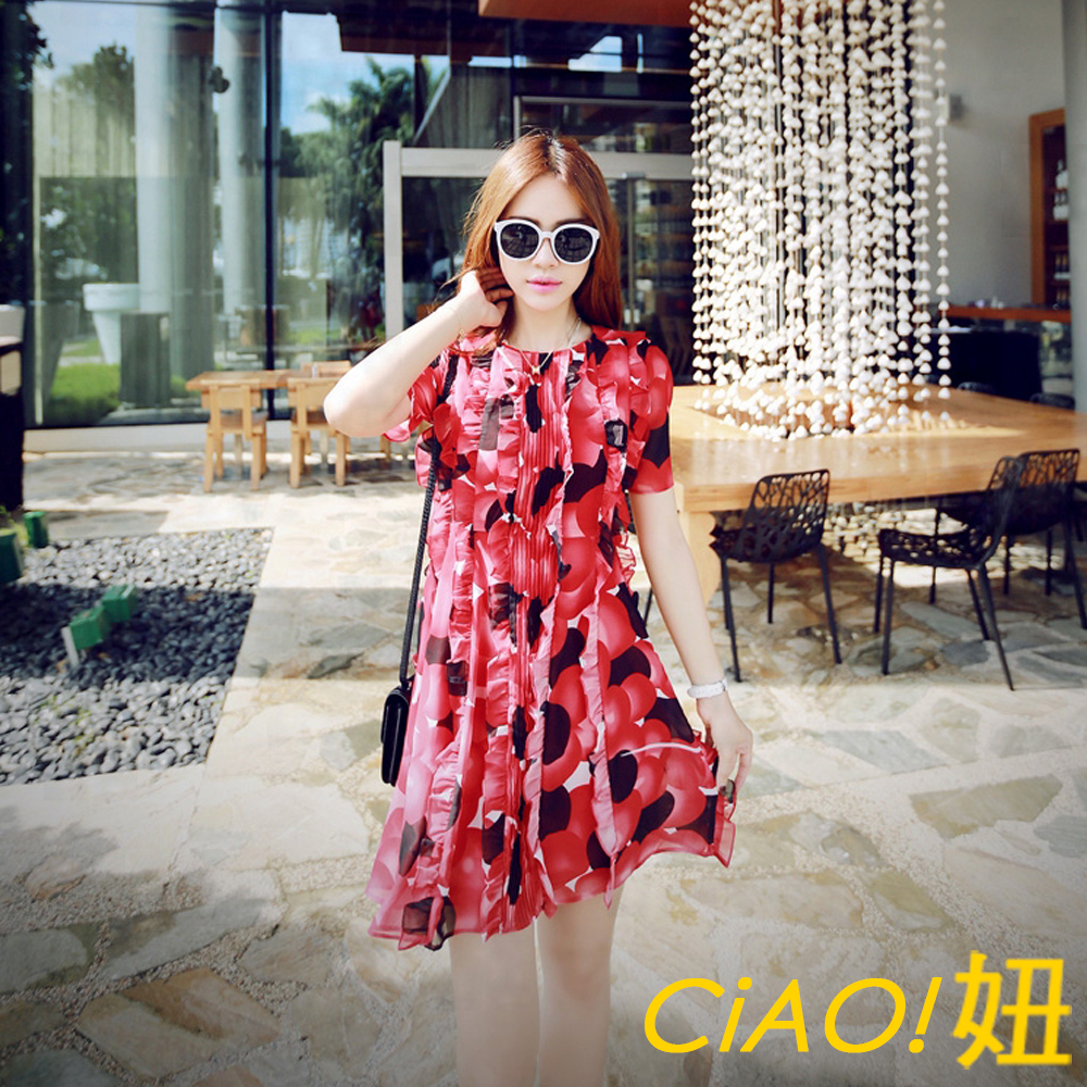 多層荷花邊飾連身洋裝 (紅色)-CiAO妞