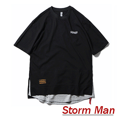 數字印花側開衩拼接假兩件上衣 (共四色)-Storm Man