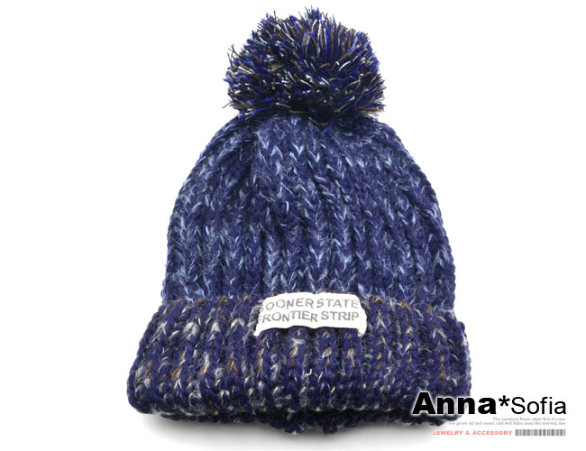 AnnaSofia 布標混色織款 大球球毛線帽(深藍系)