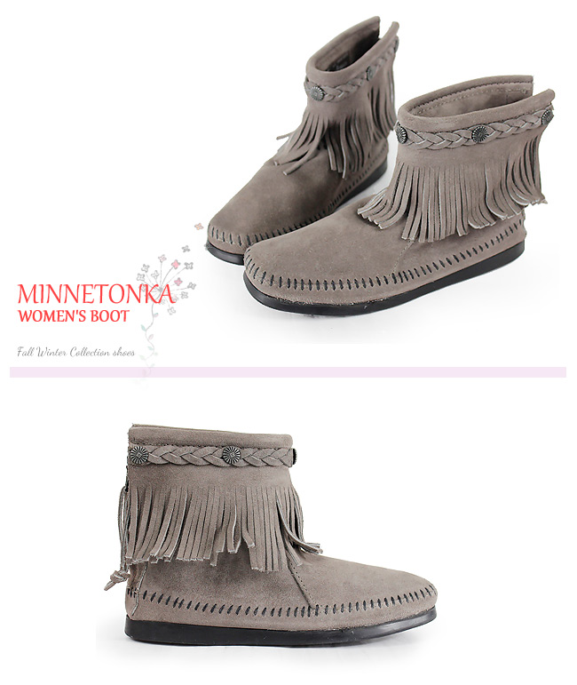 MINNETONKA 灰色麂皮後拉鍊流蘇莫卡辛短靴 女鞋 (展示品)