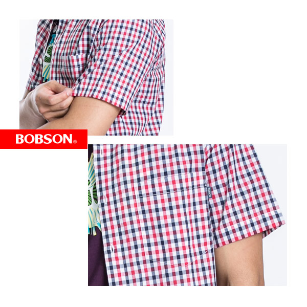 BOBSON 男款格紋短袖襯衫(紅藍13)