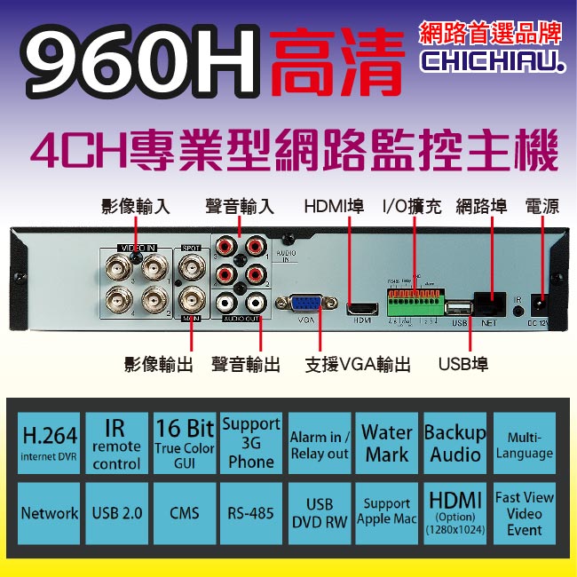 【CHICHIAU】4路 H.264 960H 專業版高畫質遠端數位監控錄影機-DVR