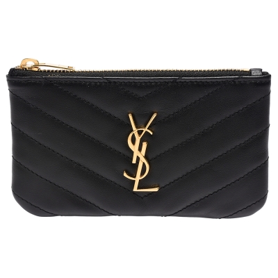 YSL 經典金色Y字LOGO小牛皮拉鍊鑰匙/零錢包(黑)