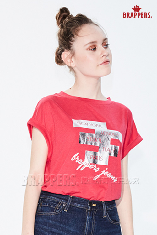 BRAPPERS 女款 連袖印箔寬版短袖T恤-桃紅