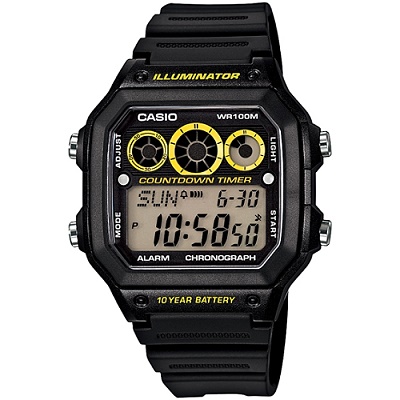 CASIO 雷神戰士個性運動電子錶(AE-1300WH-1A)-黑x亮黃圈/42.1mm