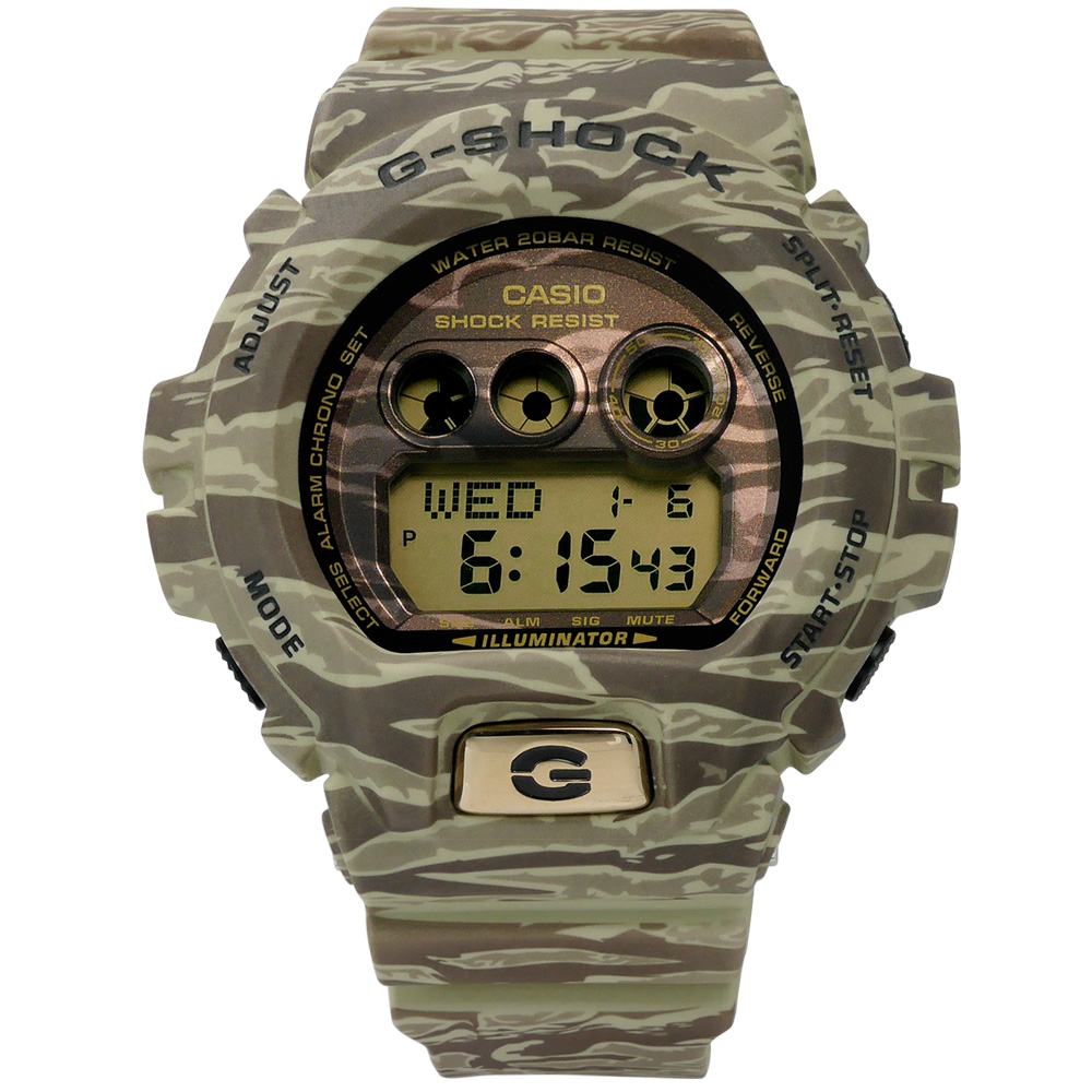 G-SHOCK 虎斑迷彩紋電子橡膠腕錶(GD-X6900TC-5)-綠色/50mm