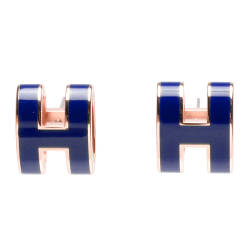HERMES 經典POP立體H LOGO簍空橢圓穿式耳環(皇家藍X玫瑰金)