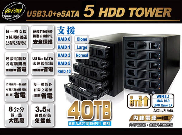 伽利略 USB3.0 + eSATA 1至5層 RAID 抽取式硬碟外接盒