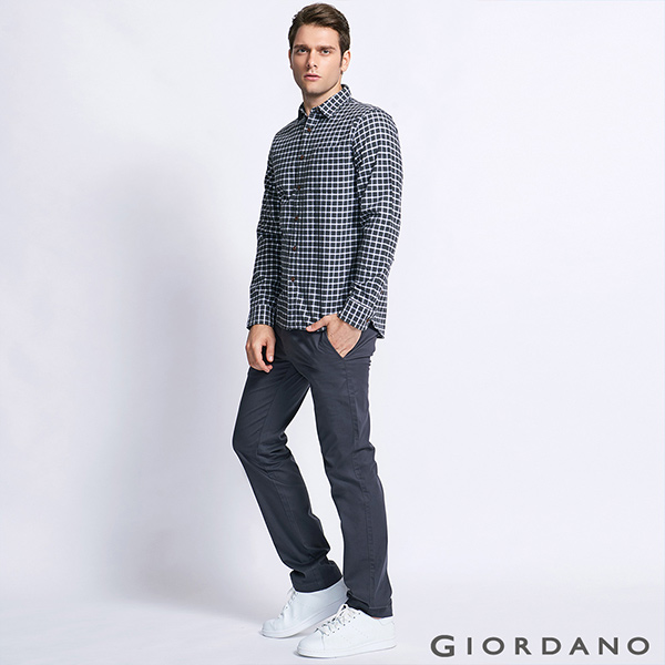 GIORDANO 男裝純棉磨毛修身單口袋長袖襯衫 - 11 灰/白格子