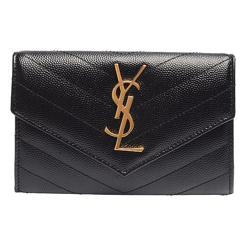 YSL MONOGRAM系列V字縫線魚子醬牛皮金屬LOGO暗釦零錢包(黑)