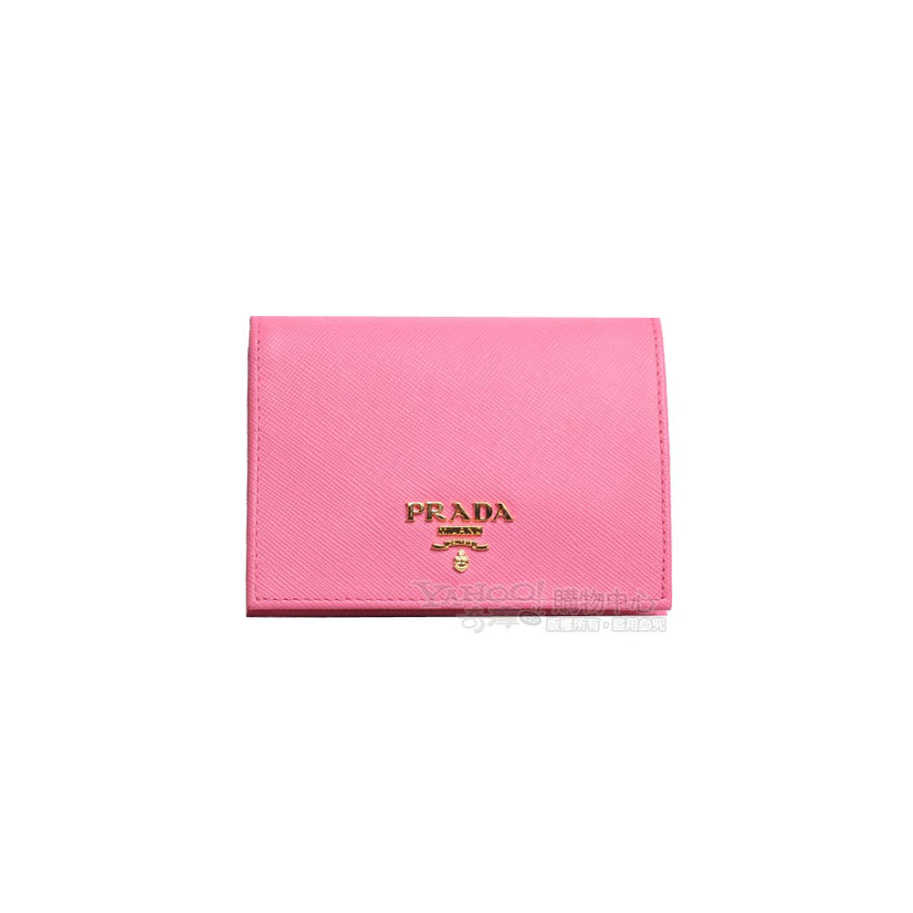 PRADA SAFFIANO 立體金屬LOGO 防刮皮革釦式零錢四卡短夾(粉紅)