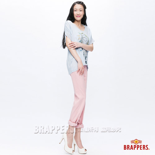 BRAPPERS女款袖配雪紡印花造型短袖上衣-淡藍