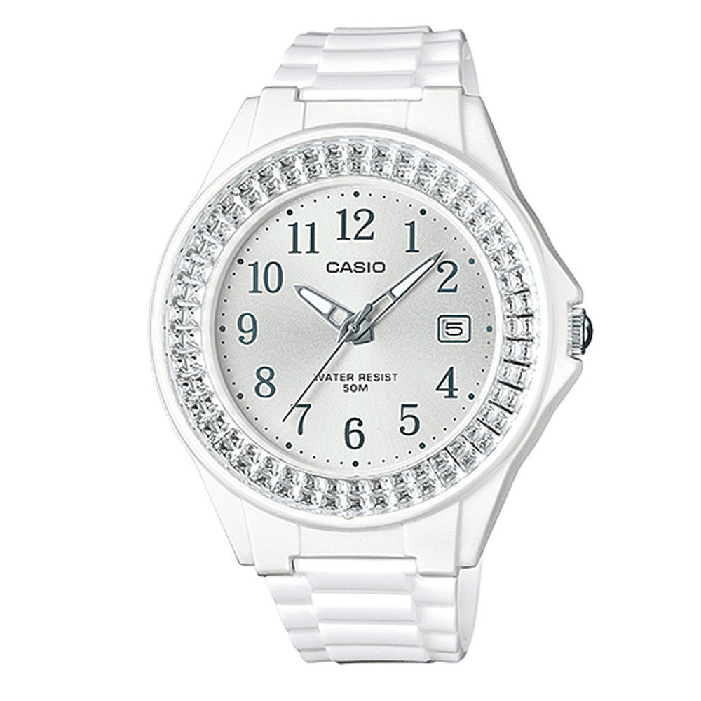 CASIO漾鑽女王簡潔時尚風指針日曆腕錶(LX-500H-7B2)白X銀框40.6mm