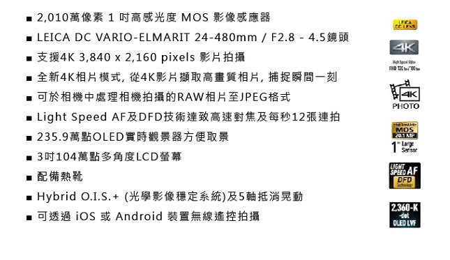 Panasonic DMC-FZ2500 4K高倍變焦相機(中文平輸)