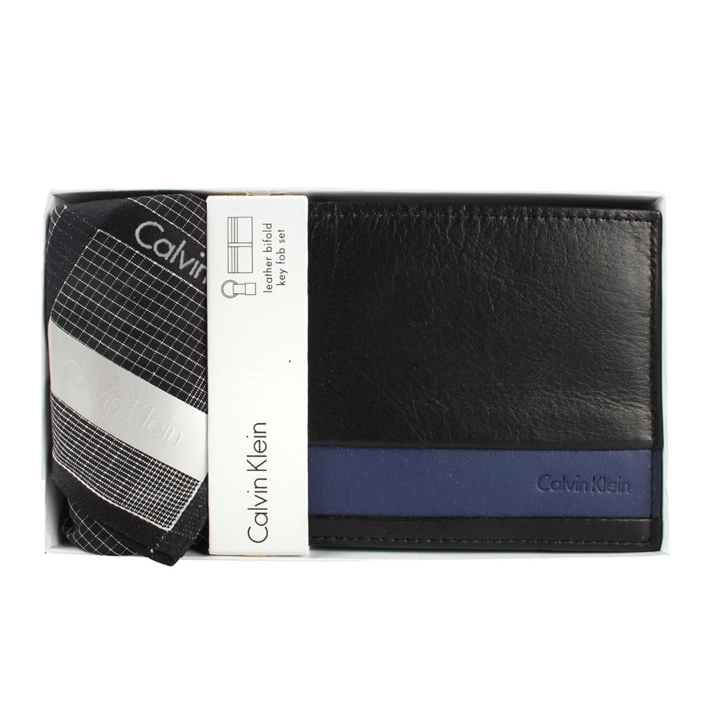 Calvin Klein 雙色橫紋皮革短夾細格紋帕巾禮盒-黑色