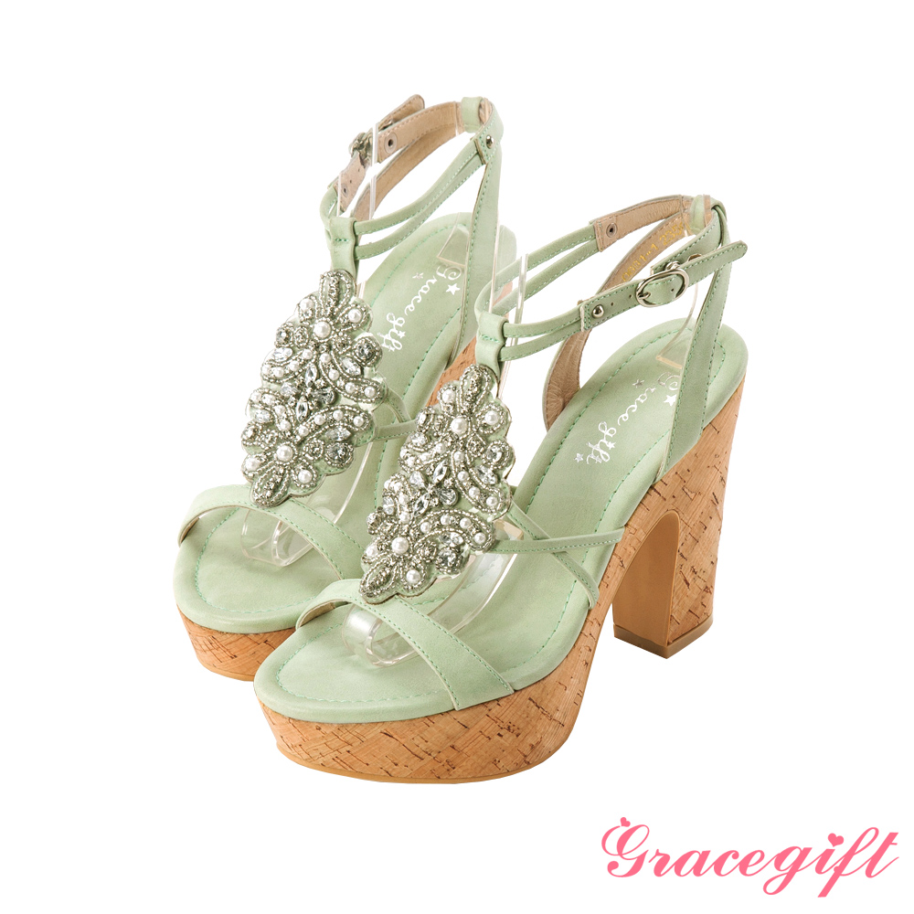 Grace gift奢華公主–華麗寶石鑽飾粗跟涼鞋 綠