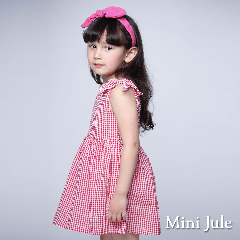 Mini Jule 童裝-洋裝 格紋蝴蝶結後拉鍊背心洋裝(紅)