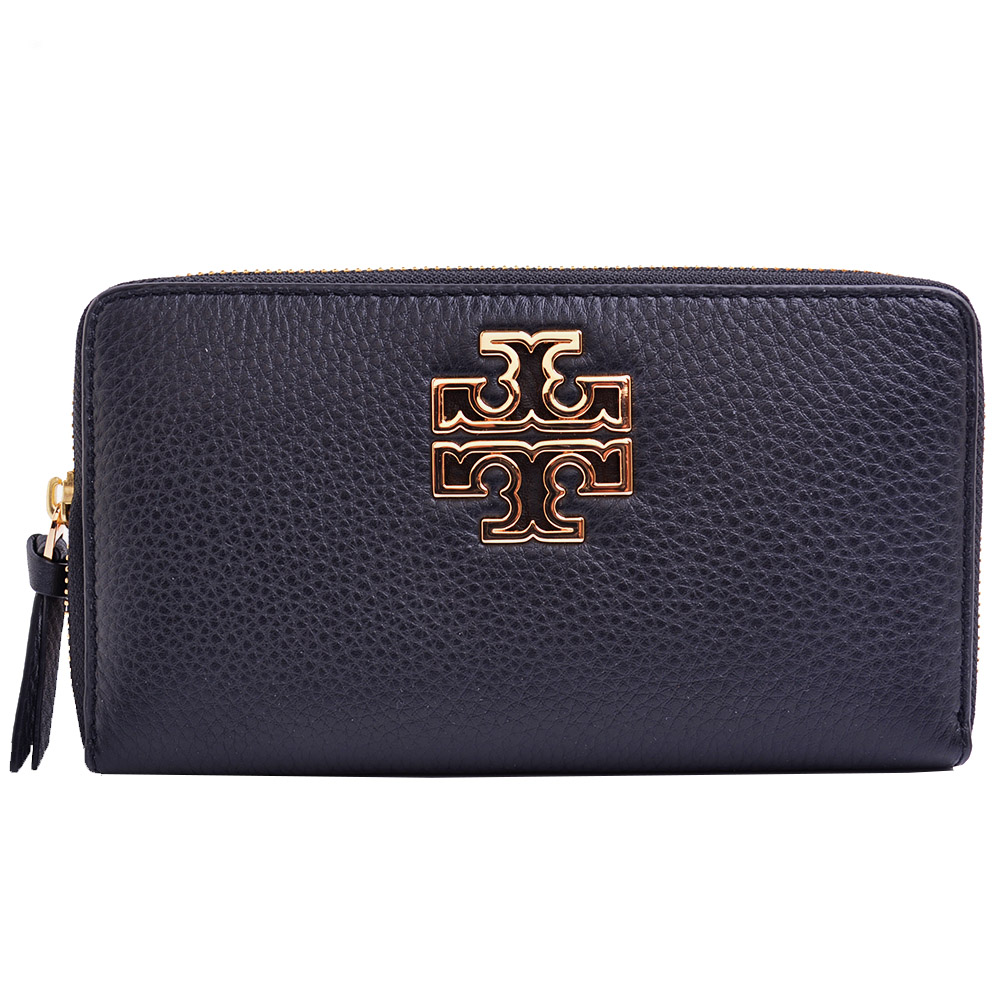 TORY BURCH  BRITTEN 金屬LOGO全皮革拉鍊長夾-黑