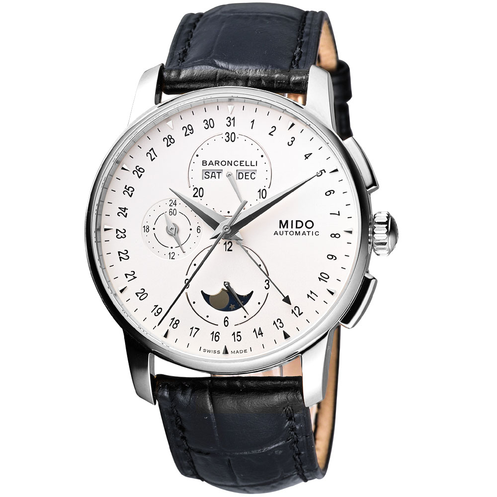 MIDO 美度 官方授權 Baroncelli 系列月相皮帶腕錶-白/42mm