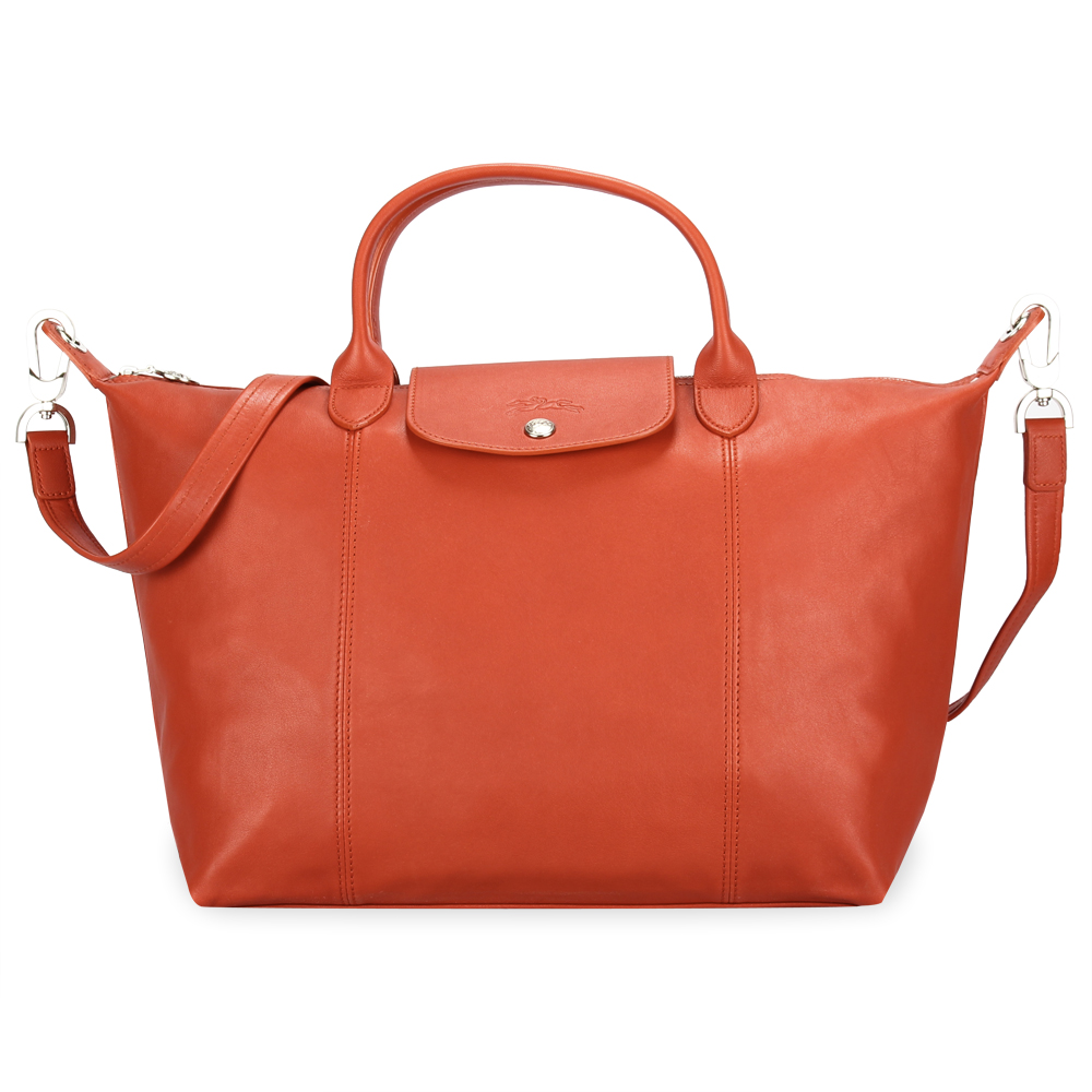 Longchamp Le Pliage Cuir小羊皮短把折疊中型水餃包-磚紅色