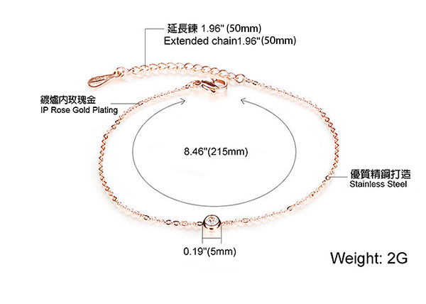 JINCHEN 白鋼單鑽時尚腳鍊 玫瑰金