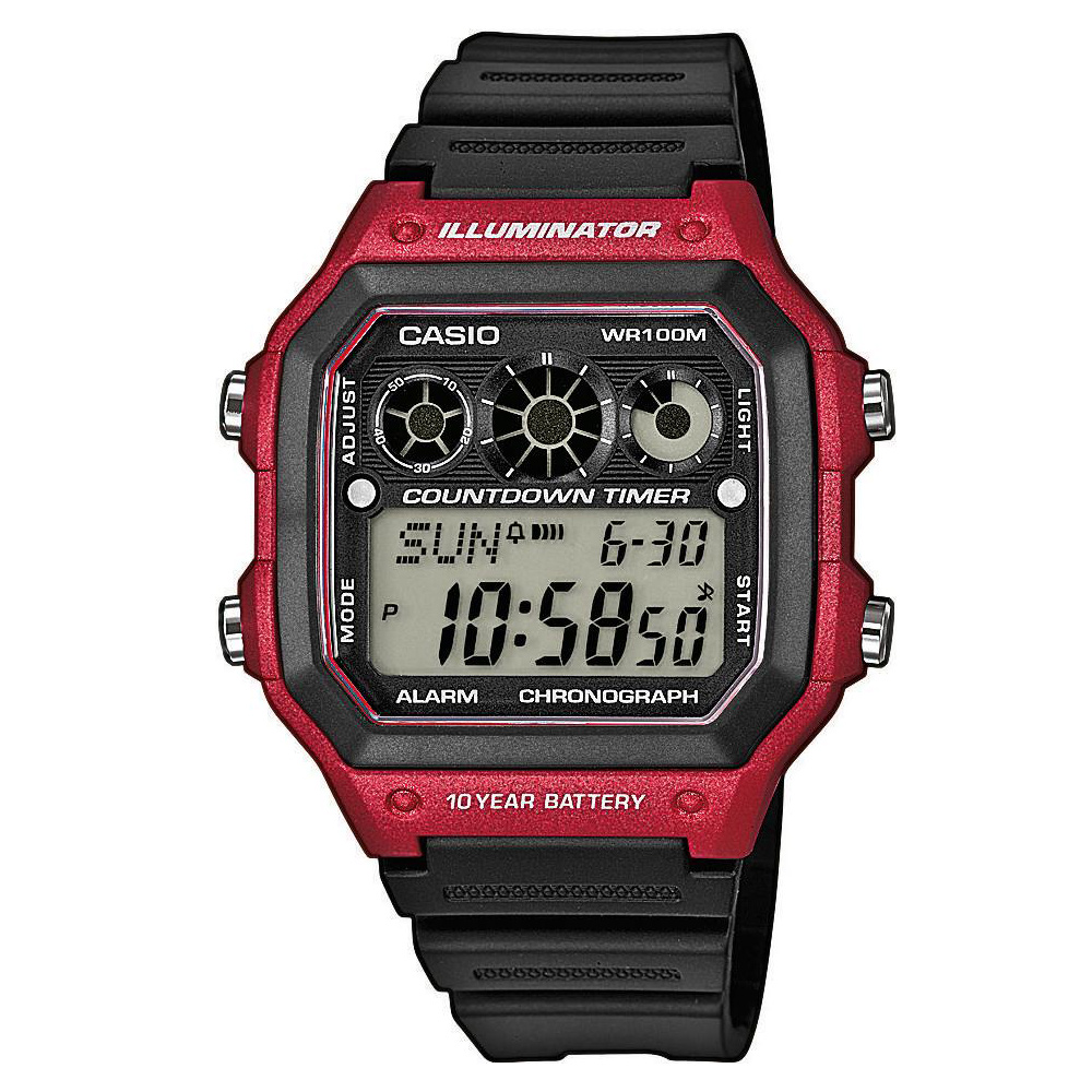 CASIO 10年電力亮眼設計方形數位錶(AE-1300WH-4A)-紅框x黑錶圈/42mm