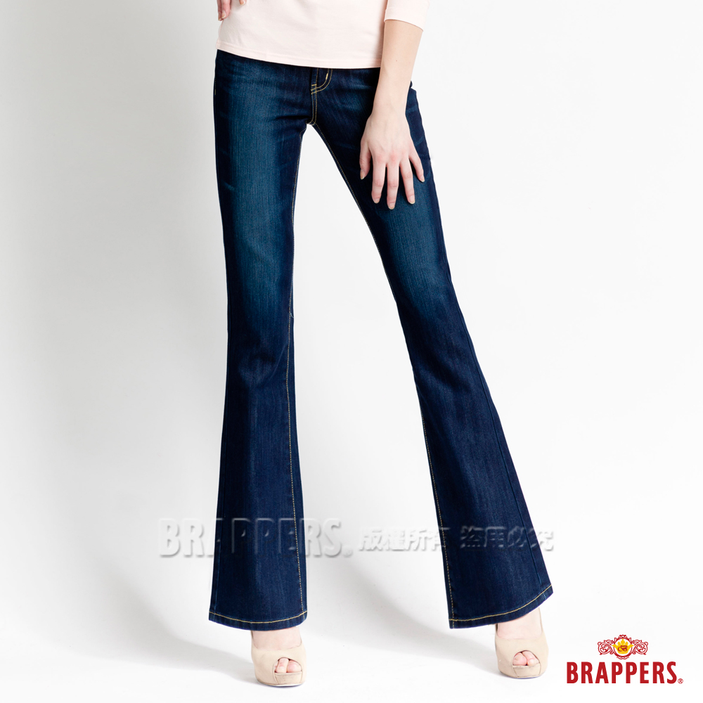 BRAPPERS 女款 新美腳Royal系列-女用中腰彈性鑲鑽小喇叭褲-藍