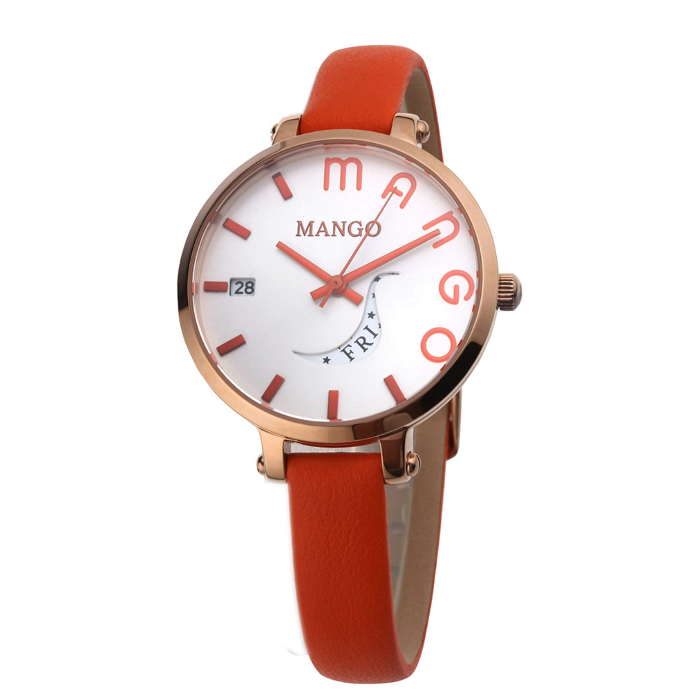 MANGO 日月燦爛時尚腕錶-白x橘/34mm