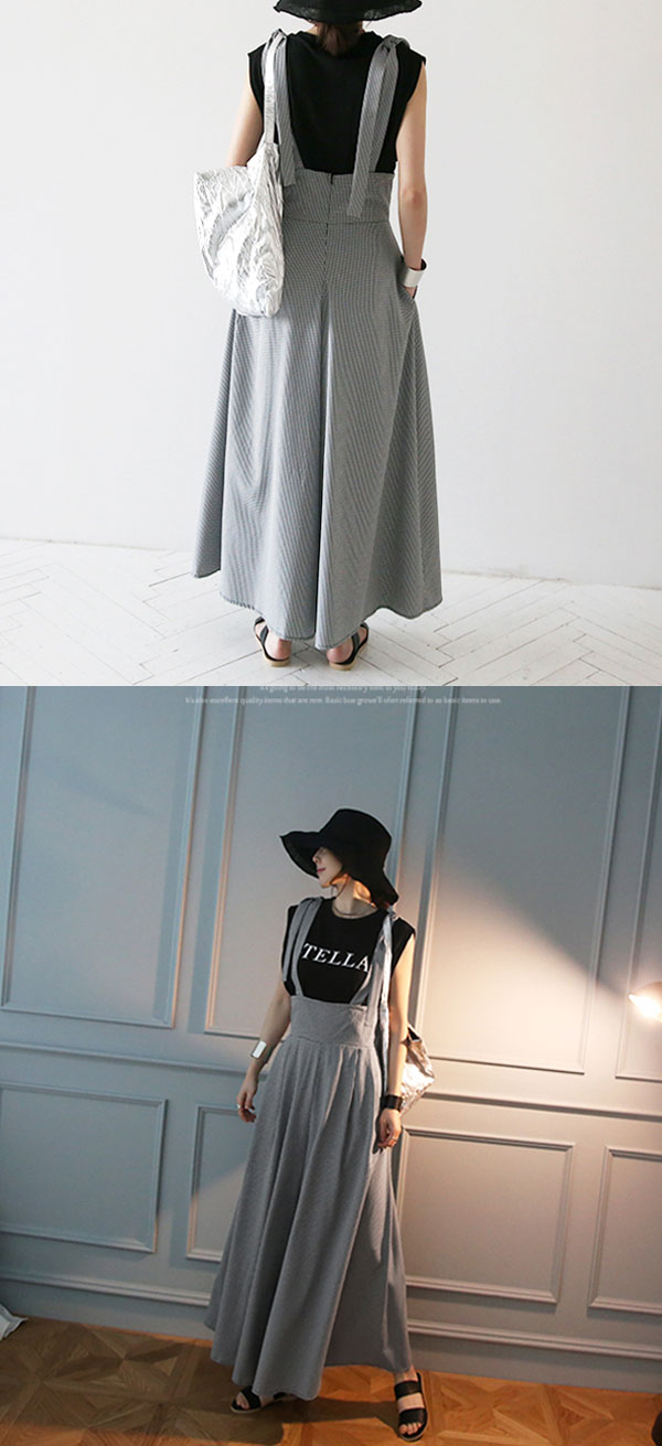 正韓 細格紋繫帶優雅寬褲裙-(黑色)a9