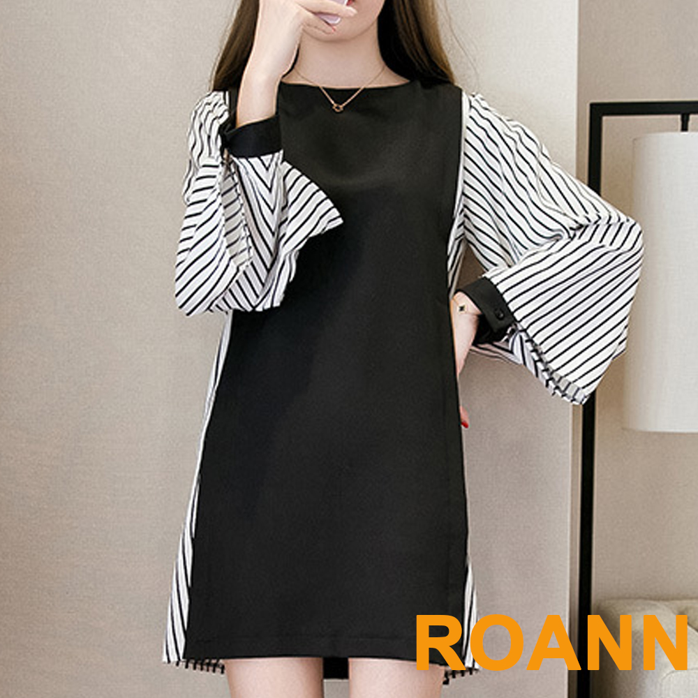 復古圓領拼接條紋長袖洋裝 (黑色)-ROANN
