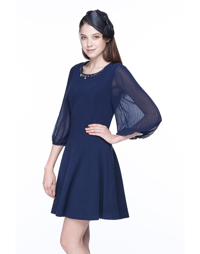ILEY伊蕾 藍調優雅異素材拼接洋裝(藍)