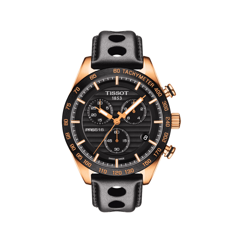 TISSOT 天梭 官方授權 PRS516 三眼計時腕錶-黑x玫塊金框/42mm T1004173605100
