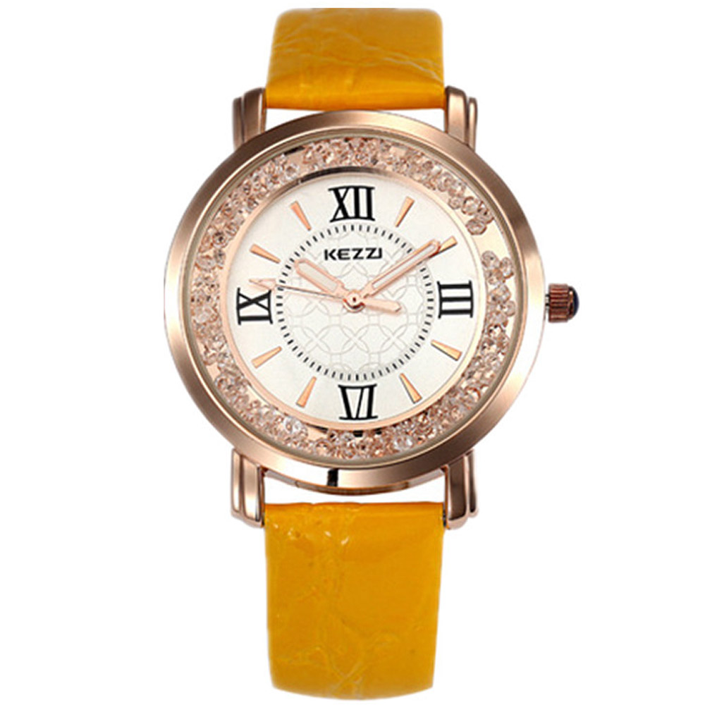 Watch-123 珂紫Kezzi747復古輕奢流沙鑽羅馬字刻手錶-黃色/38mm