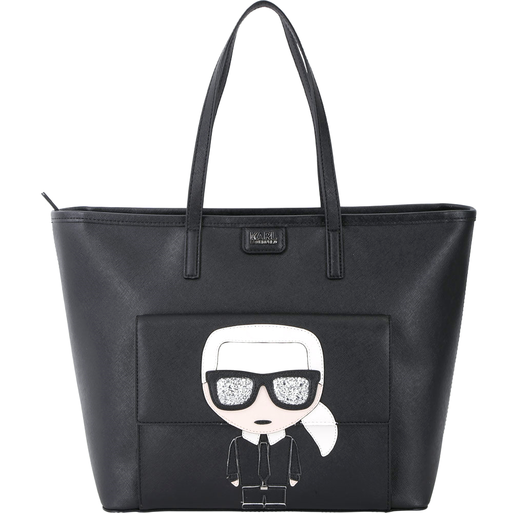 KARL LAGERFELD K/IKONIK 老佛爺圖案防刮皮革購物包(黑色)