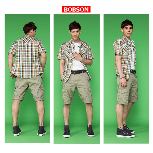 BOBSON 男款腰身短袖襯衫(黃綠24003-30)