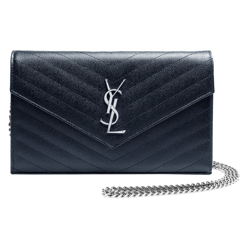 YSL MONOGRAM系列V字縫線魚子醬牛皮金屬LOGO銀鍊手提/肩背包(藏藍)