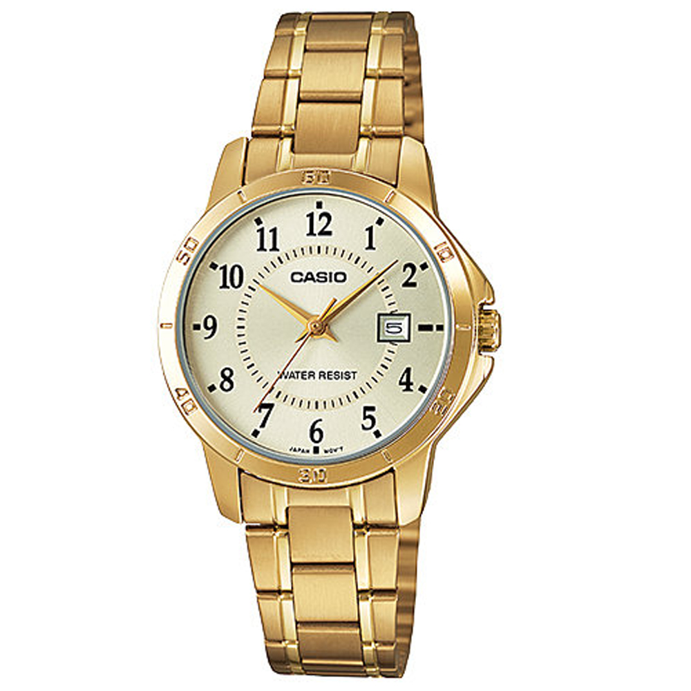 CASIO 經典復古簡約巧小指針日期腕錶-金色X黃面(LTP-V004G-9B)/31mm