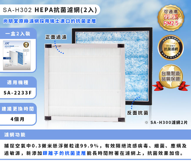 尚朋堂空氣清淨機SA-2233F專用HEPA抗菌濾網 SA-H302(一盒兩入)