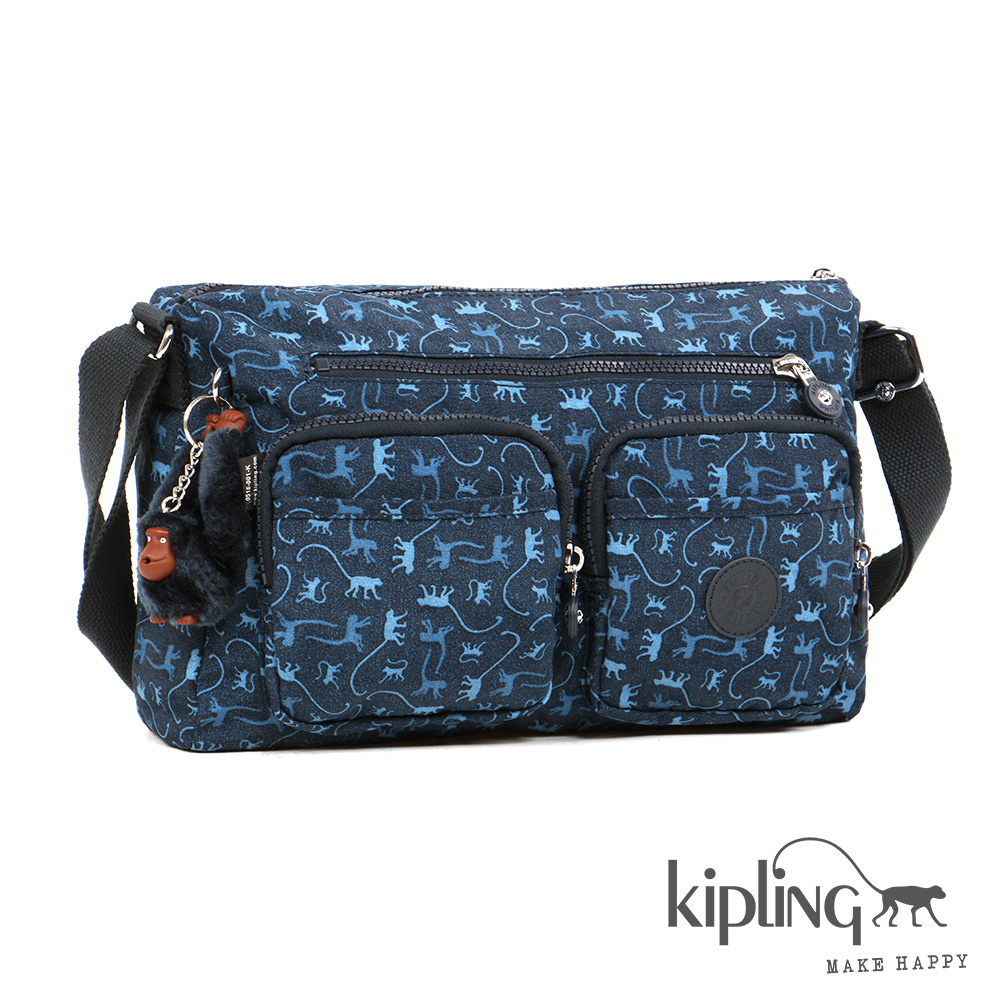 Kipling 斜背包 經典猴紋藍色印花